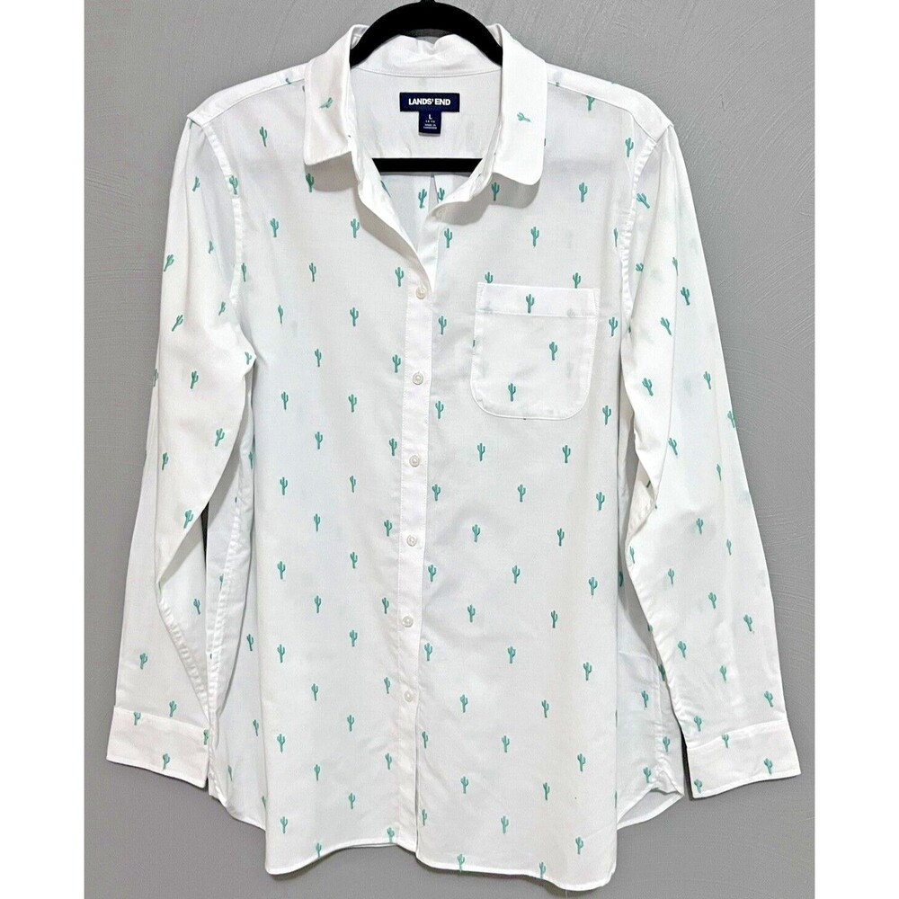Lands' End White Button-Down Shirt with Teal Cactus Print